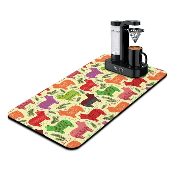 Abstract Pig and Floral Coffee Station Mat - 4-Layer Absorbent Mat for Espresso Machine, Watercolor Pig Art