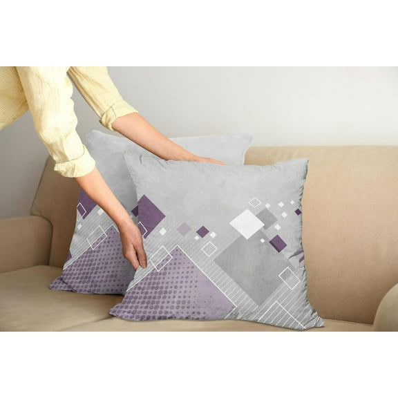 Abstract Pillow Cushion Cover Pack of 2, Geometric Composition Different Colored Squares Striped Dotted Rhombus, Decorative Square Accent Pillow Case, 2 Pcs-18" x 18", Purple White Grey