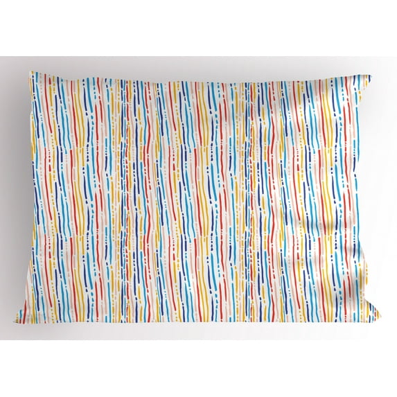Abstract Pillow Sham Colorful Modern Artwork with Vertical Stripes and Dashed Lines on White Background, Decorative Standard Queen Size Printed Pillowcase, 30 X 20 Inches, Multicolor, by Ambesonne
