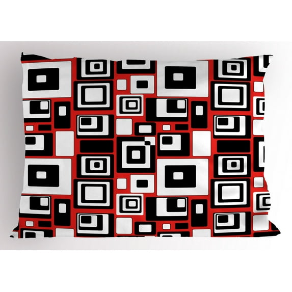 Abstract Pillow Sham Minimalist Geometric Figures Retro Rectangle Forms Nostalgia Art Print, Decorative Standard Size Printed Pillowcase, 26 X 20 Inches, Vermilion Black White, by Ambesonne