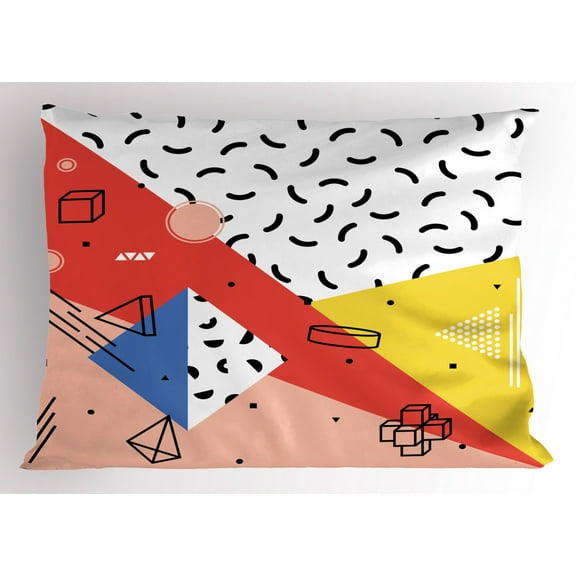 Abstract Pillow Sham Modern Geometric Trippy Figures Triangles Cubes Circles Rollers Dots Artful Print, Decorative Standard Queen Size Printed Pillowcase, 30 X 20 Inches, Multicolor, by Ambesonne
