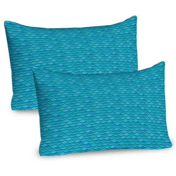 Abstract Pillow Sham Set of 2, Continuous Minimalist Fish Scale Green Blue Tones Illustration, Quality Microfiber Bedding Item for All Seasons, 26" x 20", Dark Seafoam Sea Blue, by Ambesonne
