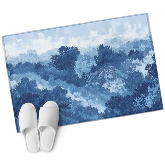 Abstract Pine Trees Bathroom Rug Washable 2x3 Entryway Rug Non Slip Blue Forest Fogged Mist Contemporary Zen Front Door Mat Low Pile Indoor Doormat Throw Floor Carpet for Kitchen Bedroom Entrance