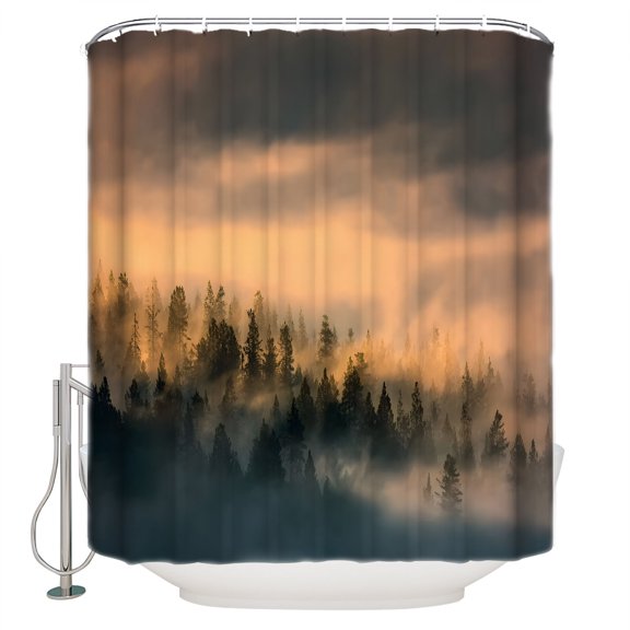 Abstract Pine Trees Bathroom Shower Curtains with 12 Hooks Polyester Waterproof Shower Curtain for Stalls and Bathtubs Amber Forest Fogged Mist Modern Zen Decorative Bathroom Curtain 36x72 Inches