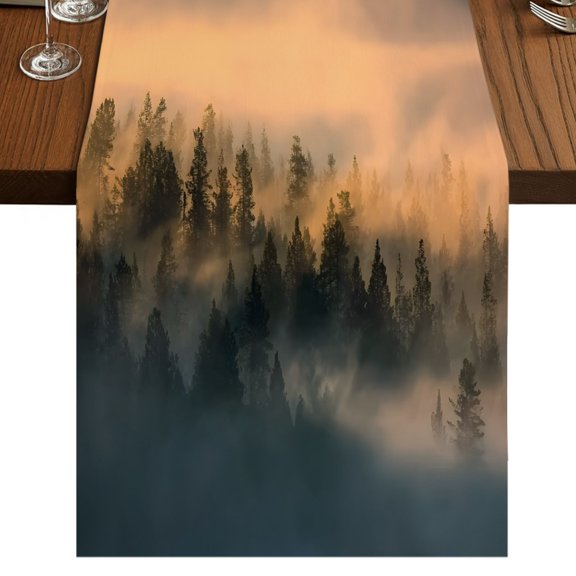Abstract Pine Trees Burlap Cotton Table Runner 13x36 Inches Short, Amber Forest Fogged Mist Modern Zen Farmhouse Table Runners, Outdoor Dining Tablecloths Decor for Baby Shower/Party/Wedding