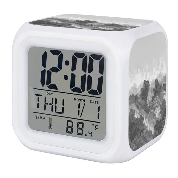 Abstract Pine Trees Digital Alarm Clock for Bedrooms,Smart LED Alarm Clock with 7 Color Changing Night Light,Gray Forest Fogged Mist Contemporary Zen Silent Wake Up Clocks for Sleep Study 3.2"x3.2"