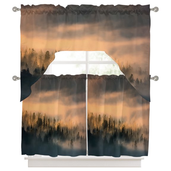 Abstract Pine Trees Kitchen Curtains Swag Valance and Tier Curtains Set 36 Inch Length, Amber Forest Fogged Mist Modern Zen Rod Pocket Drape Panels Pair Swag Curtains for Bathroom/Cafe/Window