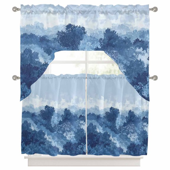 Abstract Pine Trees Kitchen Curtains Swag Valance and Tier Curtains Set 36 Inch Length, Blue Forest Fogged Mist Contemporary Zen Rod Pocket Drape Panels Pair Swag Curtains for Bathroom/Cafe/Window