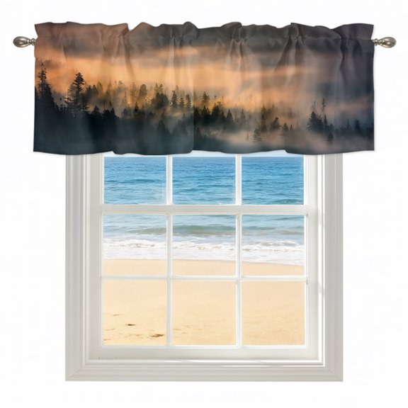Abstract Pine Trees Kitchen Valances for Windows 42x12 Inch Kitchen Curtains Valances Rod Pocket Amber Forest Fogged Mist Modern Zen Bathroom Window Valances for Window Treatment Decor