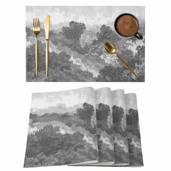 Abstract Pine Trees Placemats Set of 12 Gray Forest Fogged Mist Contemporary Zen Place Mats Indoor Wipeable Table Mats Washable Cloth Dining Table Placemats for Kitchen Holiday Party Decor 13x19 Inch