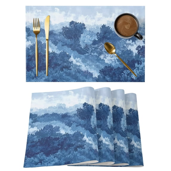 Abstract Pine Trees Placemats Set of 4 Blue Forest Fogged Mist Contemporary Zen Place Mats Indoor Wipeable Table Mats Washable Cloth Dining Table Placemats for Kitchen Holiday Party Decor 13x19 Inch