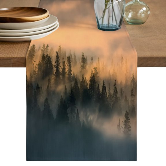 Abstract Pine Trees Short Table Runner 36 Inches Long,Amber Forest Fogged Mist Modern Zen Cotton Linen Table Runners Dresser Scarves,Fabric Tabletop Scarf Furniture Cover for Dinner Party 13"x36"