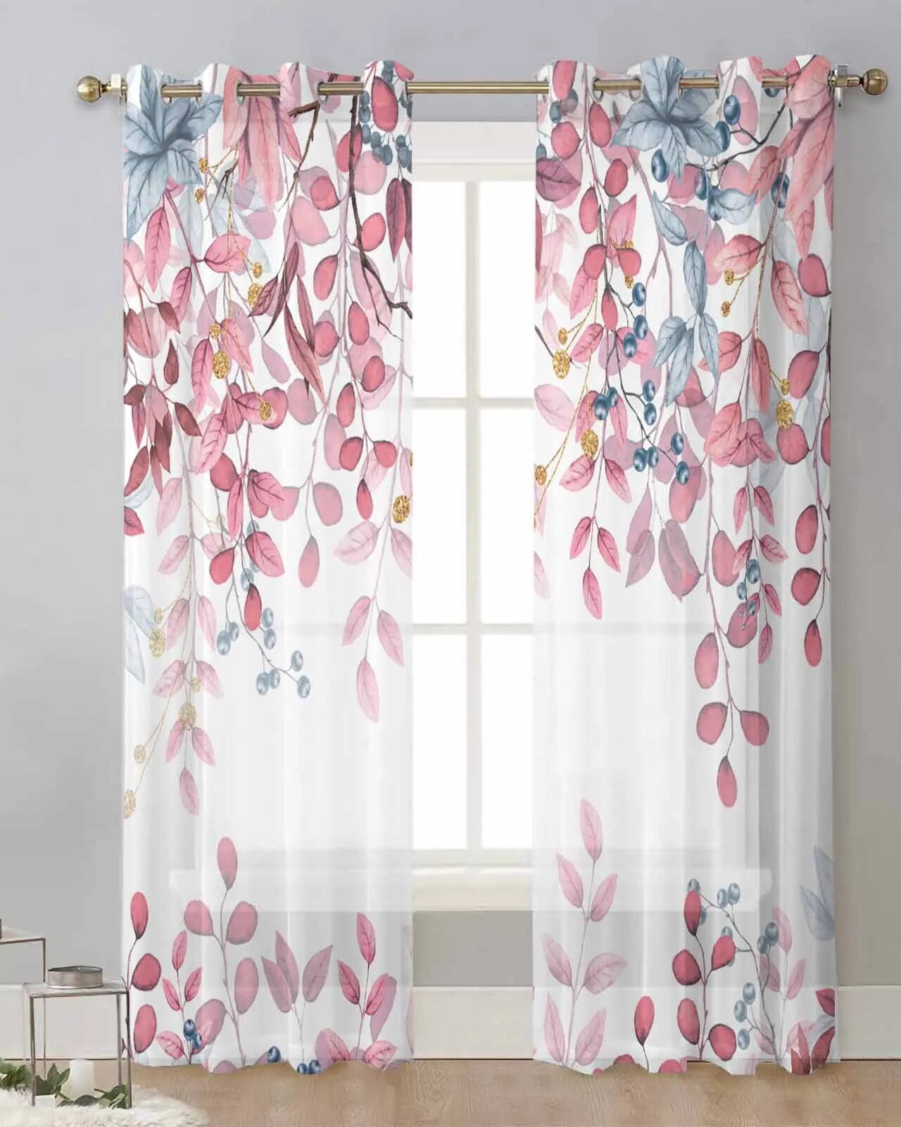 Abstract Pink Blue Leaf Branches Sheer Curtains For Living Room Window