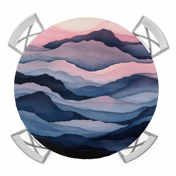 Abstract Pink Blue Mountain Elastic Fitted Round Table Cover Modern Art Waterproof Outdoor Tablecloth for Holiday Party, Picnic, Patio & Dining Fits Tables Up to 55"-60"