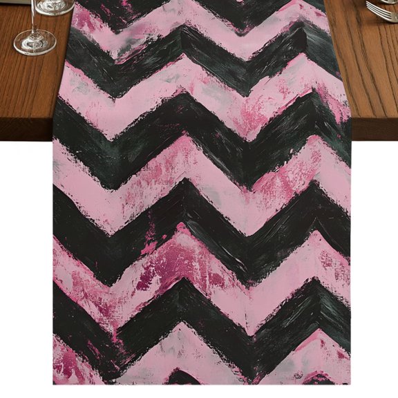 Abstract Pink Burlap Cotton Table Runner 13x36 Inches Short, Geometric Zigzag Waves Bohemian Stripes Farmhouse Table Runners, Outdoor Dining Tablecloths Decor for Baby Shower/Party/Wedding