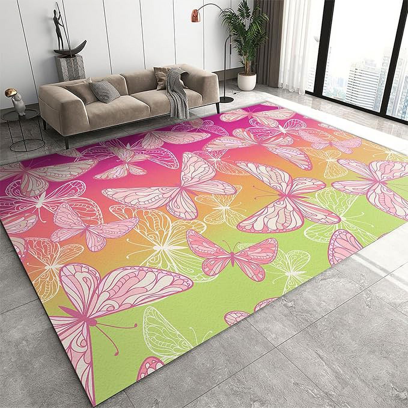 Pink Butterfly Rugs Abstract Pink Butterfly Washable Carpet, Yellow Gradient Area Rug ...