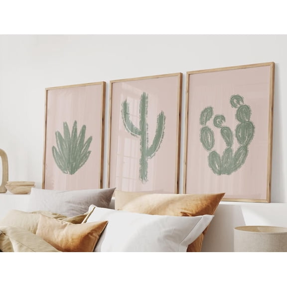 Abstract Pink Cactus Prints Boho Western Wall Art Desert Poster Set 3 Stretched Canvas 8x12