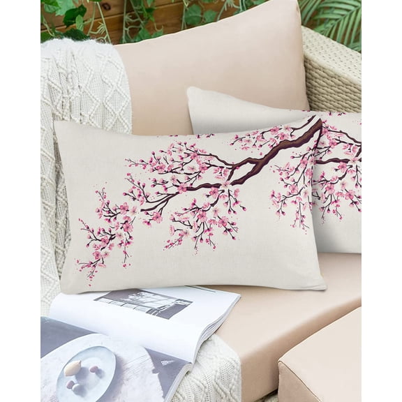 Abstract Pink Cherry Blossom Floral Outdoor Pillow Covers Set of 2,Decorative Waterproof Throw Pillow Case,Japanese Flower on Burlap Cotton Linen Soft Cozy Cushion Pillowcases