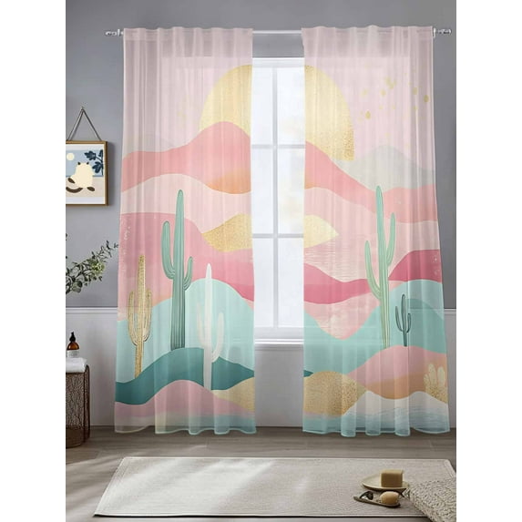 Abstract Pink Desert Sheer Curtains 96 Inches Long 2 Panels Cactus Mountain Light Filtering Semi Sheer Window Curtains Drapes for Bedroom Living Room 52"x96"