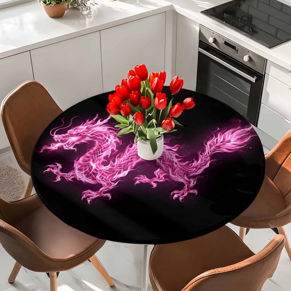 Abstract Pink Flames Dragons on Black Round Fitted Tablecloth with Elastic Edge,Waterproof Table Cloth Fits Tables Up to 36"-44",Wipeable Washable Table Cover for Indoor Outdoor Dinning,Modern Art