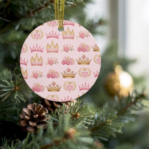 Abstract Pink Flowers Princess Crown Christmas Ceramic Ornament 2026,3" Round Xmas Tree Hanging Accessories with Gold Ribbon,Rose Love Heart Pendant Ornaments for Holiday Gift Home Party Decor