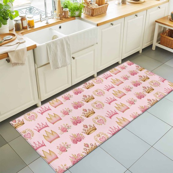 Abstract Pink Flowers Princess Crown Rectangle Area Rug 2x6ft,Living Room Rug Non-Slip Washable Circle Rugs Pad,Rose Love Heart Soft Floor Carpet for Bedroom Dining Room