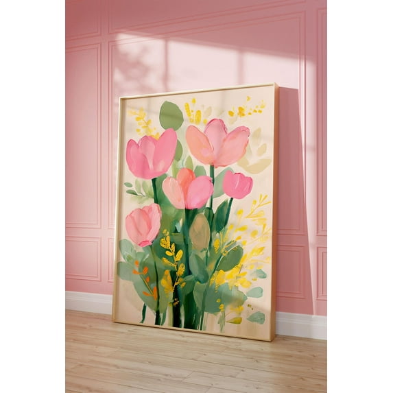 Abstract Pink Flowers Wall Art Print, Pastel Floral Poster, Girly Botanical Wall Art, Modern Spring Tulips ,, Unframed Canvas Size 12x18