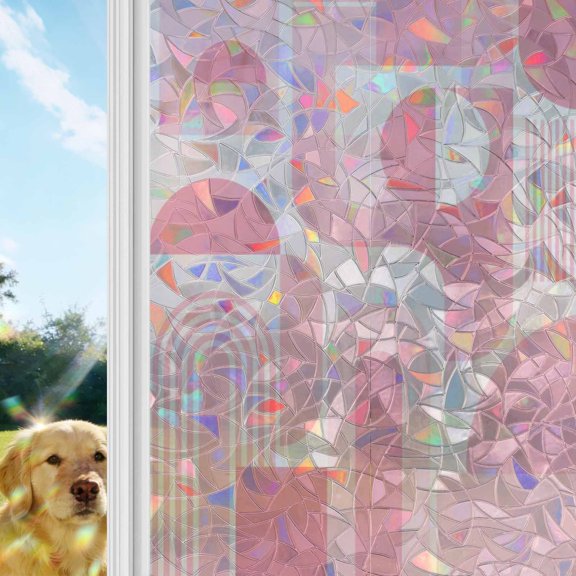Abstract Pink Gradient Rainbow Window Privacy Film, Minimalist Boho Arch Sun Clouds Curves Stained Glass Window Film, Sun Blocking Glass Clings Non Adhesive Door Stickers 17.7 x 39.3 Inches