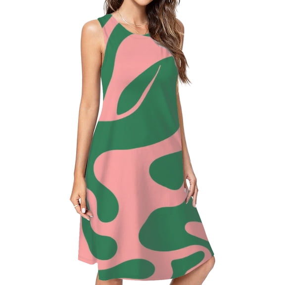 Abstract Pink Green Wavy Pattern Dress Loose Women'S Dress Beach Dresses With Pockets Dresses For Womens