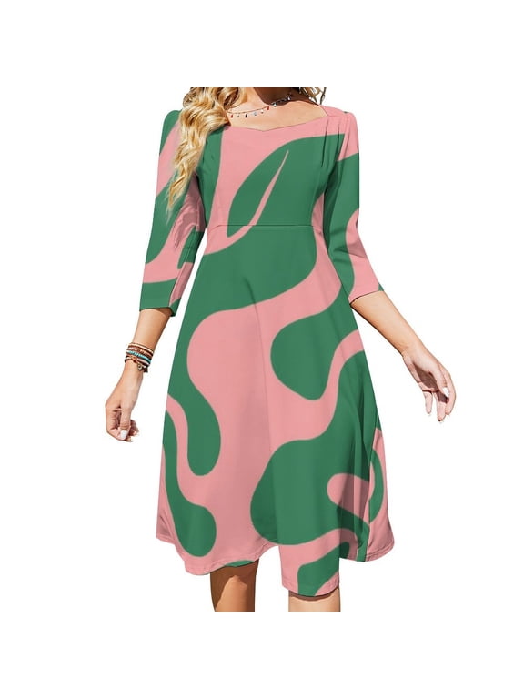 Abstract Pink Green Wavy Pattern Womens Summer Dress Tie Back A Line Flare Dress