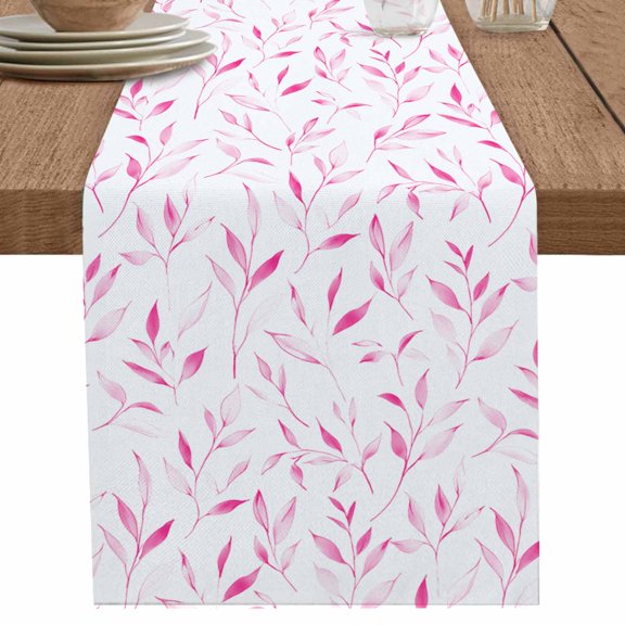 Abstract Pink Leaves on White Table Runner-70 Inch Long Watercolor Foliage Table Runners Linen Burlap Tablerunner for Kitchen Dining Room Holiday Party