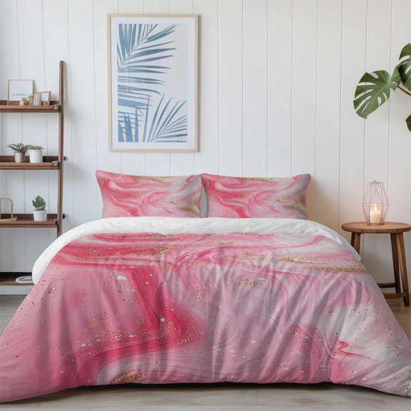 Abstract Pink Marble Gold Stripe California King Size Bed Set,Modern Water Ripple Liquid Bedding for All Seasons,4 Pcs Bed Set with 1 Quiltcover (96"x104"),1 Sheet (110"x98"),2 Pillowcases (20"x36")
