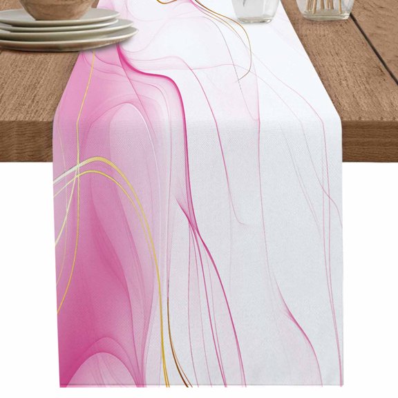 Abstract Pink Marble Water Ripple on White Table Runner-70 Inch Long Modern Art Table Runners Linen Burlap Tablerunner for Kitchen Dining Room Holiday Party