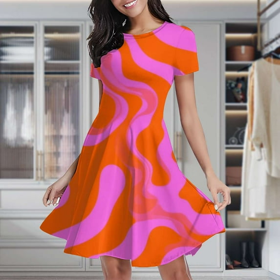 Abstract Pink Orange Wavy Lines Women's Classic Swing Skater Dress Casual Work Party Cocktail Dresses