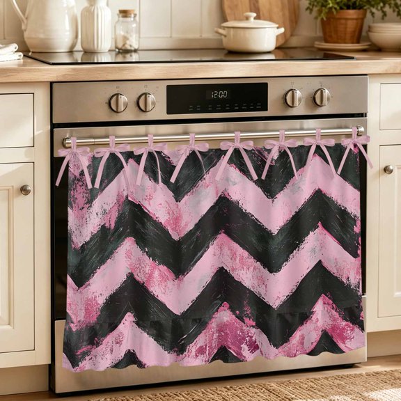 Abstract Pink Oven Skirt for Farmhouse Kitchen Décor, Geometric Zigzag Waves Bohemian Stripes Oven Curtain Tie Top Decorative Stove Skirt, Cabinet Dish Washer Curtains with 8 Ribbon Ties 27"x20"