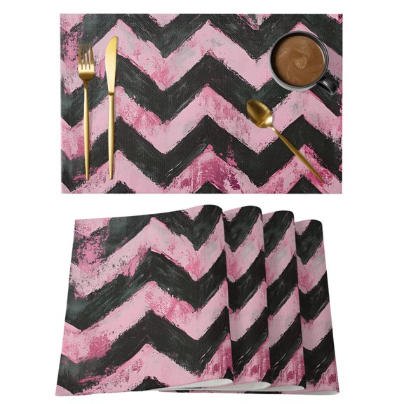 Abstract Pink Placemats Set of 2 Geometric Zigzag Waves Bohemian Stripes Place Mats Indoor Wipeable Table Mats Washable Cloth Dining Table Placemats for Kitchen Holiday Party Home Decor 13x19 Inch