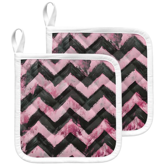 Abstract Pink Pot Holders for Kitchen Heatproof Potholder, 2 Pack Geometric Zigzag Waves Bohemian Stripes Hot Pads Multipurpose Oven Pads Terry Cloth Potholders Trivet for Cooking and Baking