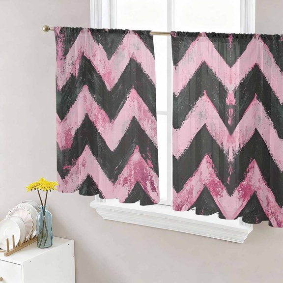Abstract Pink Semi Sheer Curtains 45 Inch Length 2 Panels Set, Geometric Zigzag Waves Bohemian Stripes Sheer Kitchen Curtain Privacy Voile Window Curtain for Living Room Bedroom Rod Pocket Drapes