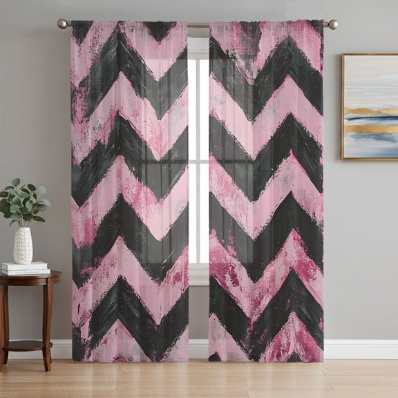 Abstract Pink Semi Sheer Curtains 84 Inch Length 2 Panels Set, Geometric Zigzag Waves Bohemian Stripes Sheer Kitchen Curtain Privacy Voile Window Curtain for Living Room Bedroom Rod Pocket Drapes