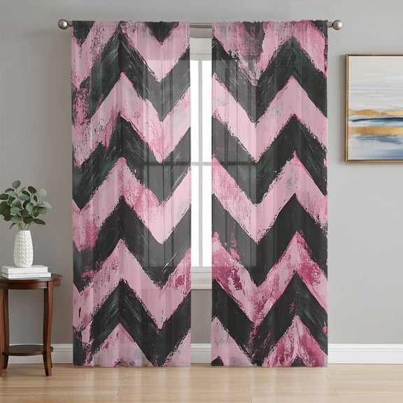 Abstract Pink Sheer Curtains 72 Inches Long, Geometric Zigzag Waves Bohemian Stripes Light Filtering Window Curtains for Living Room, Rod Pocket Voile Sheer Curtain Drapes, 52"W x 72"L, 2 Panels