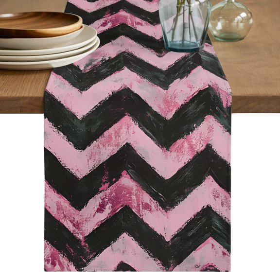 Abstract Pink Table Runner 70 Inches Long,Geometric Zigzag Waves Bohemian Stripes Cotton Linen Table Runners Dresser Scarves,Fabric Tabletop Scarf Furniture Cover for Home Dinner Party 13"x70"