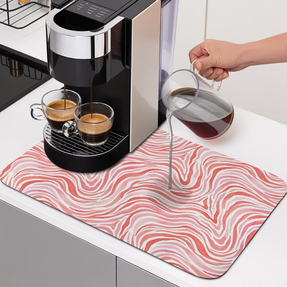 Abstract Pink Waves Dish Drying Mats for Kitchen Counter, Art Boho Marble Swirls Rhythmic Curves Absorbent Coffee Bar Mat with Non-slip Rubber Backed Quick Drying Dish Rack Pad 12"x16"