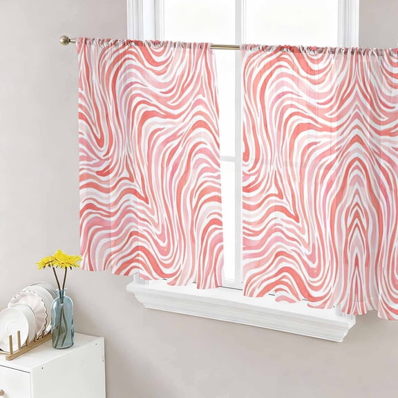 Abstract Pink Waves Sheer Curtains for Living Room Bedroom, Art Boho Marble Swirls Rhythmic Curves Light Filtering Sheer Curtain Rod Pocket Voile Window Treaments Drapes, 52 x 45 Inches
