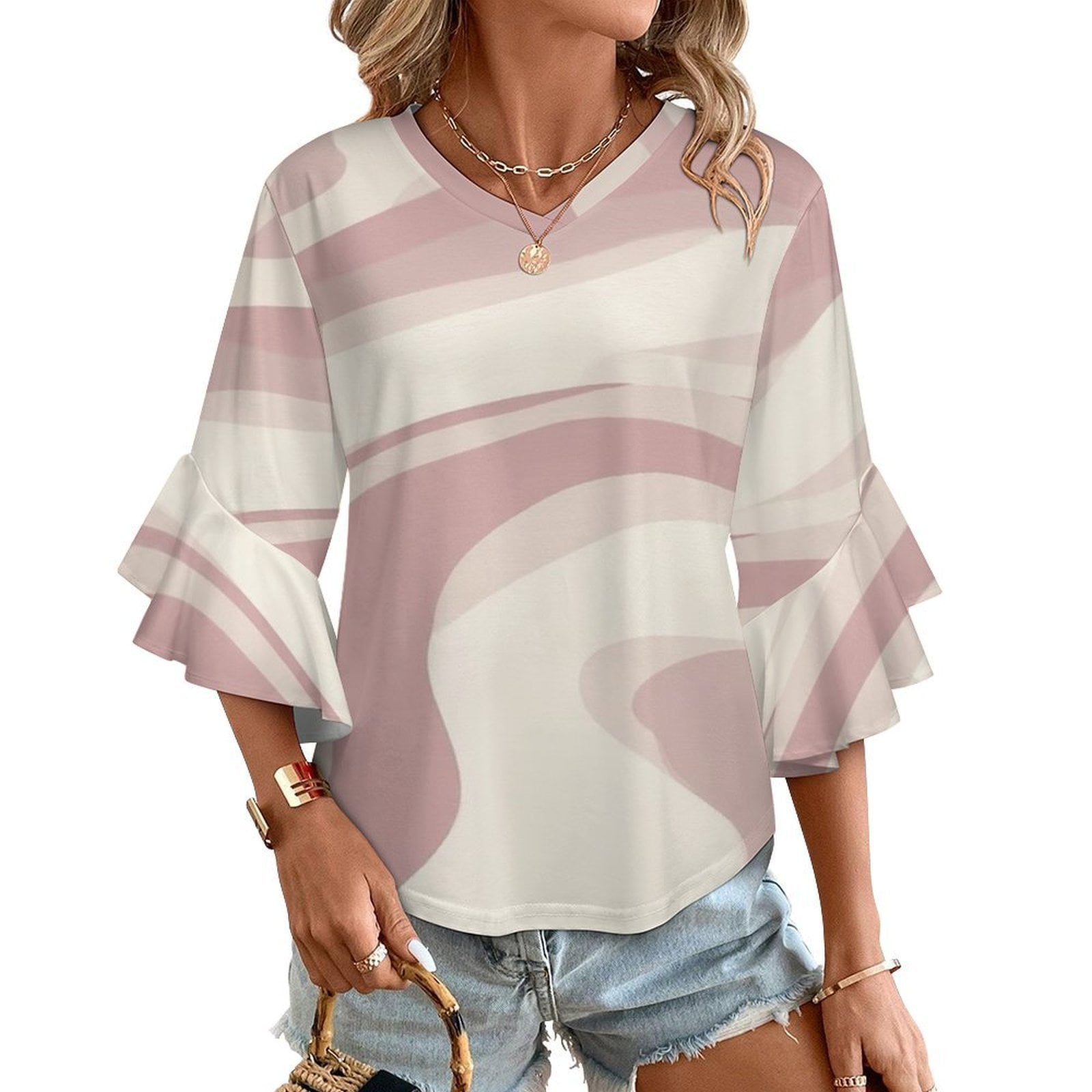 Women’s V-Neck Blouse with Floral Pattern and Half Sleeves main image 0