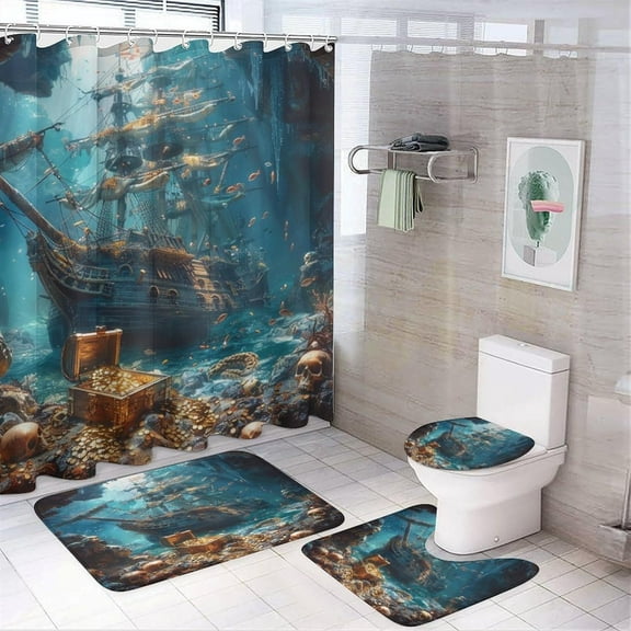 Abstract Pirate Gold Treasure Pattern 4 Pcs Shower Curtains Set,Modern Nautical Theme Ocean Underwater Skulls Bathroom Set Shower Mat Shower Curtains Rug 12 Hooks