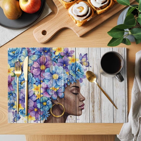 Abstract Placemats Set of 1, African-American Women Blue Purple Flower Butterfly Wood Grain Heat Insulated Linen Place Mats, Washable Stain-Proof Table Mats for Dining Tables Holiday Decor 13x19 Inch