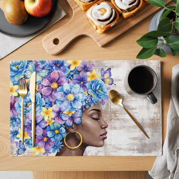 Abstract Placemats Set of 1, Retro African-American Women Blue Purple Flower Butterfly Heat Insulated Linen Place Mats, Washable Stain-Proof Table Mats for Dining Tables Holiday Decor 13x19 Inches