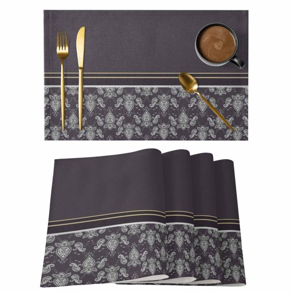 Abstract Placemats Set of 1, Retro Watercolor Dark Gray Pesley Floral Pattern Stripes Non-Slip Place Mats Washable Table Mats for Kitchen Dining Table Decorations Indoor/Outdoor