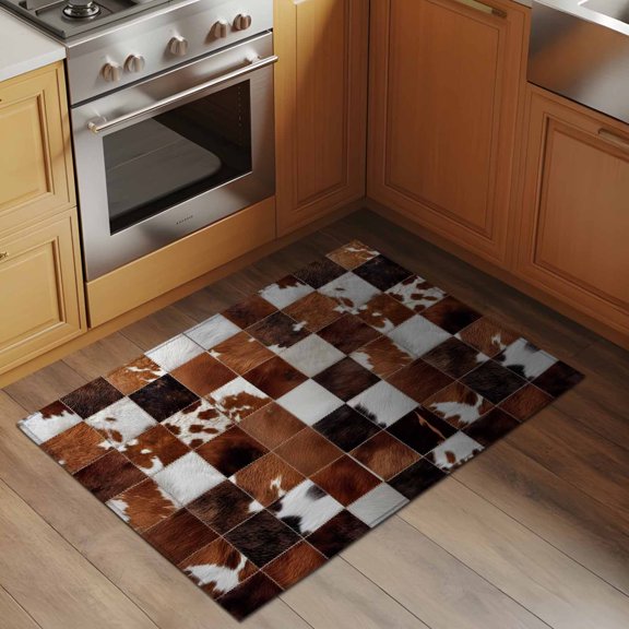 Abstract Plaid 2x3 Rug for Entryway Front Door Kitchen Sink Area, Dark Brown Checkerboard Texture Patchwork Low Pile Washable Non Slip Rectangle Area Rug