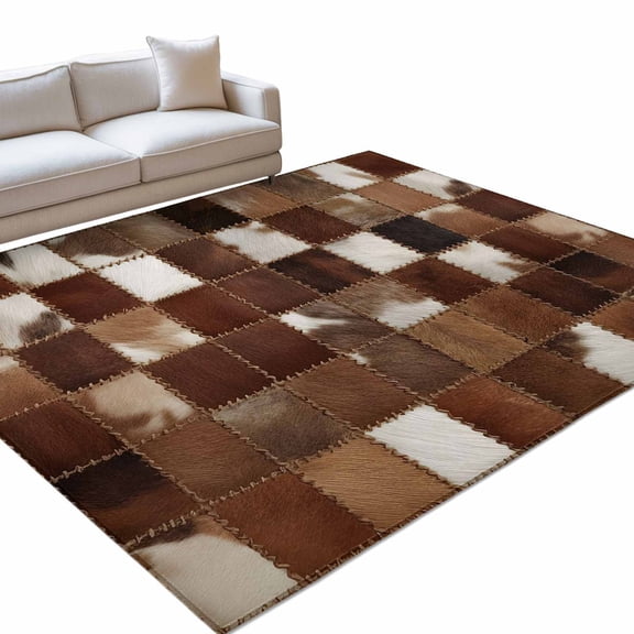 Abstract Plaid 4x6ft Non Slip Area Rug Dark Brown Checkerboard Stitching Texture Patchwork Washable Soft Area Rugs for Living Room, Indoor Circle Carpet for Bedroom Dining Room Kitchen